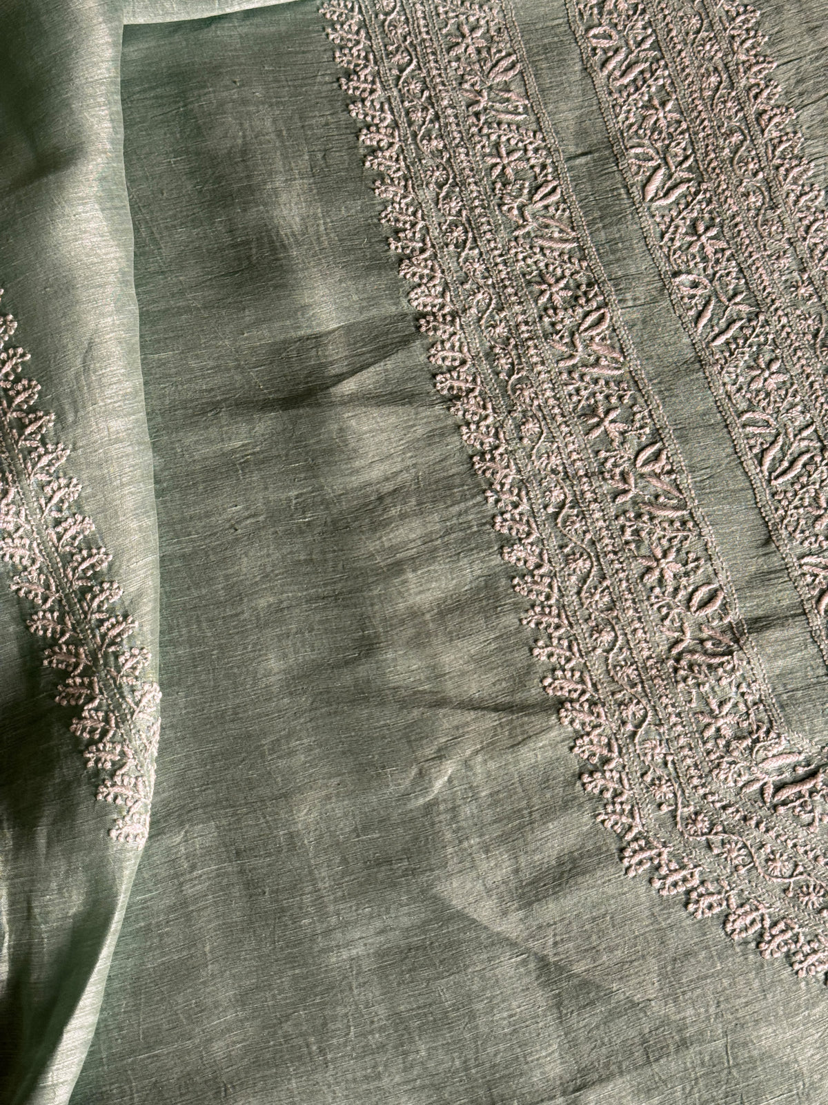 Green Shade Linen Chikankari Unstitched Men's Kurtas Fabric