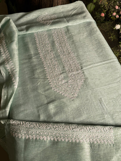 Green Shade Linen Chikankari Unstitched Men's Kurtas Fabric