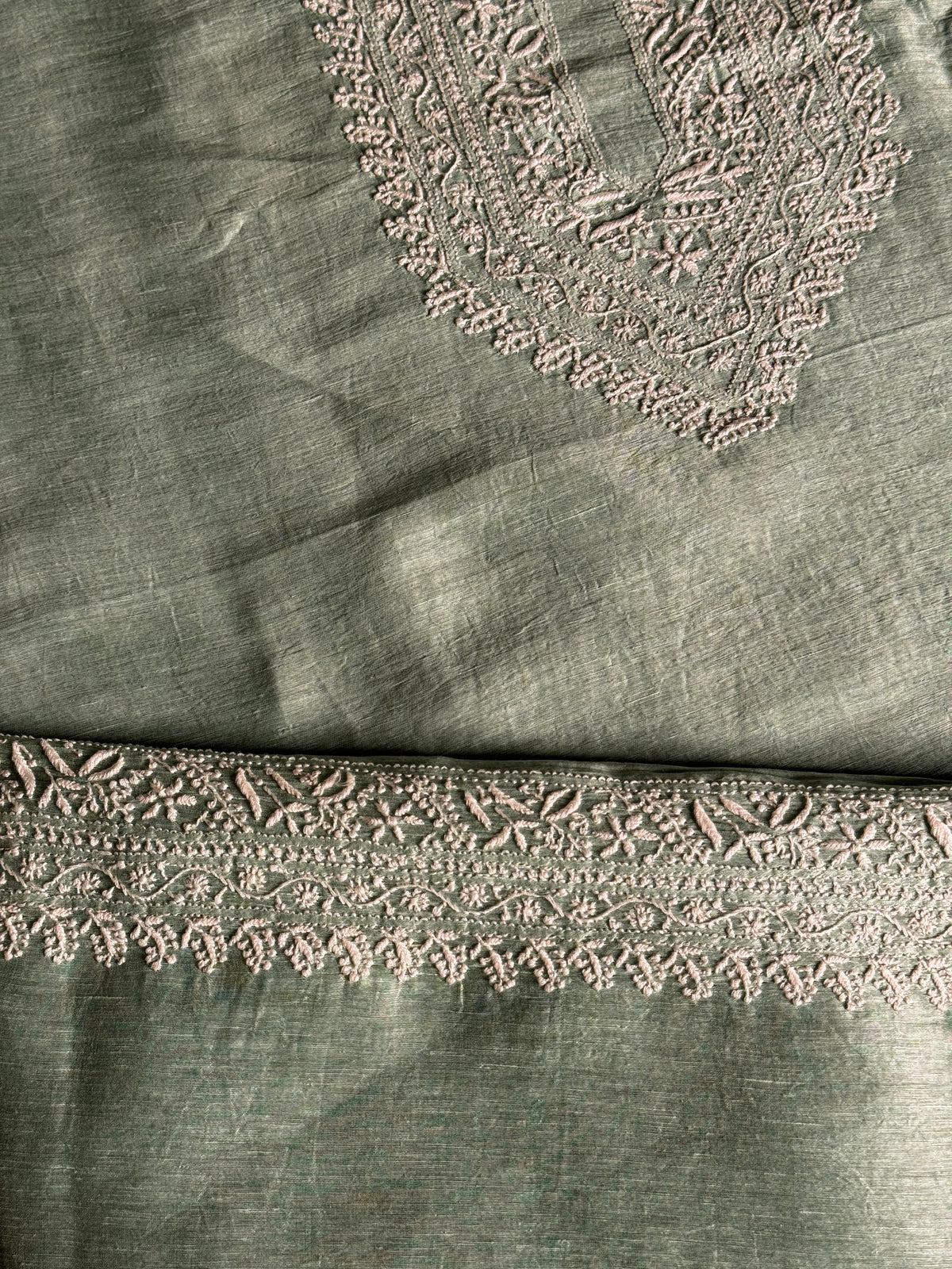 Green Shade Linen Chikankari Unstitched Men's Kurtas Fabric