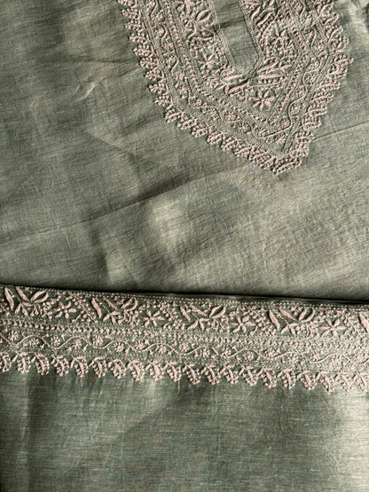 Green Shade Linen Chikankari Unstitched Men's Kurtas Fabric