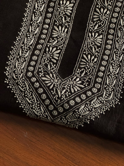Black Shade Linen Chikankari Unstitched Men's Kurtas Fabric