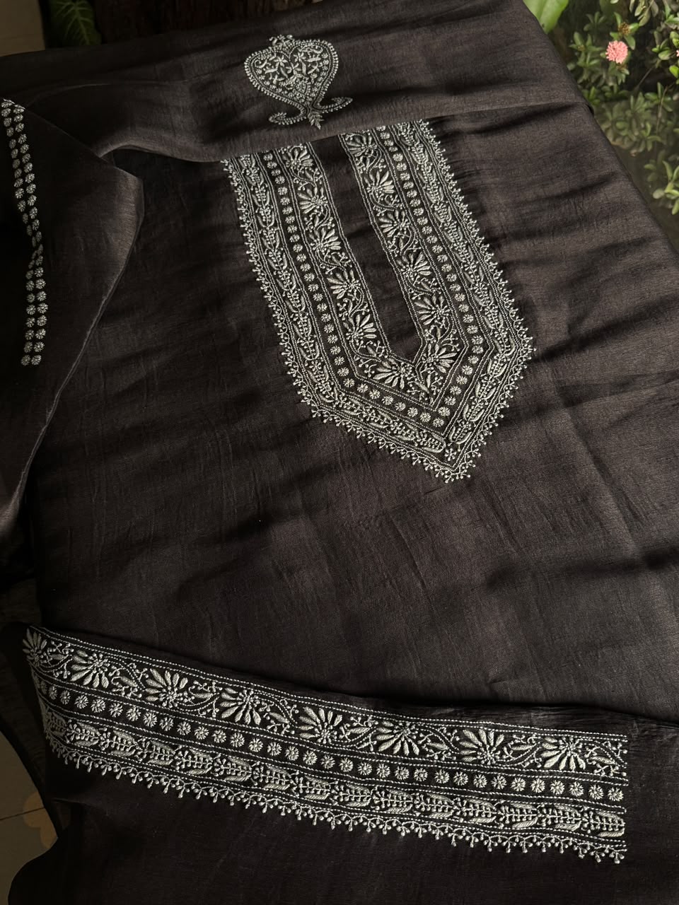 Black Shade Linen Chikankari Unstitched Men's Kurtas Fabric