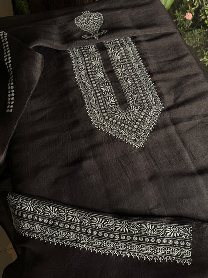 Black Shade Linen Chikankari Unstitched Men's Kurtas Fabric