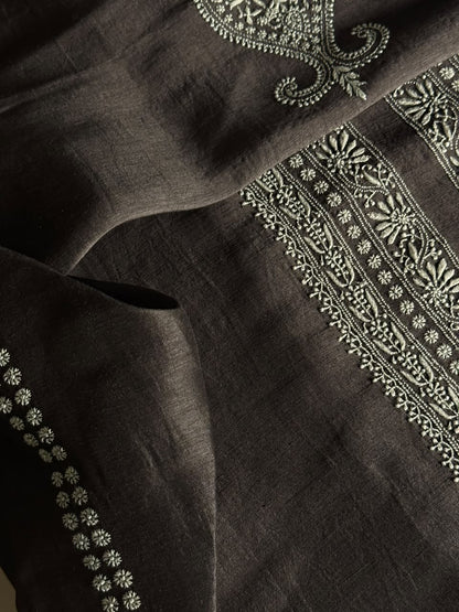Black Shade Linen Chikankari Unstitched Men's Kurtas Fabric