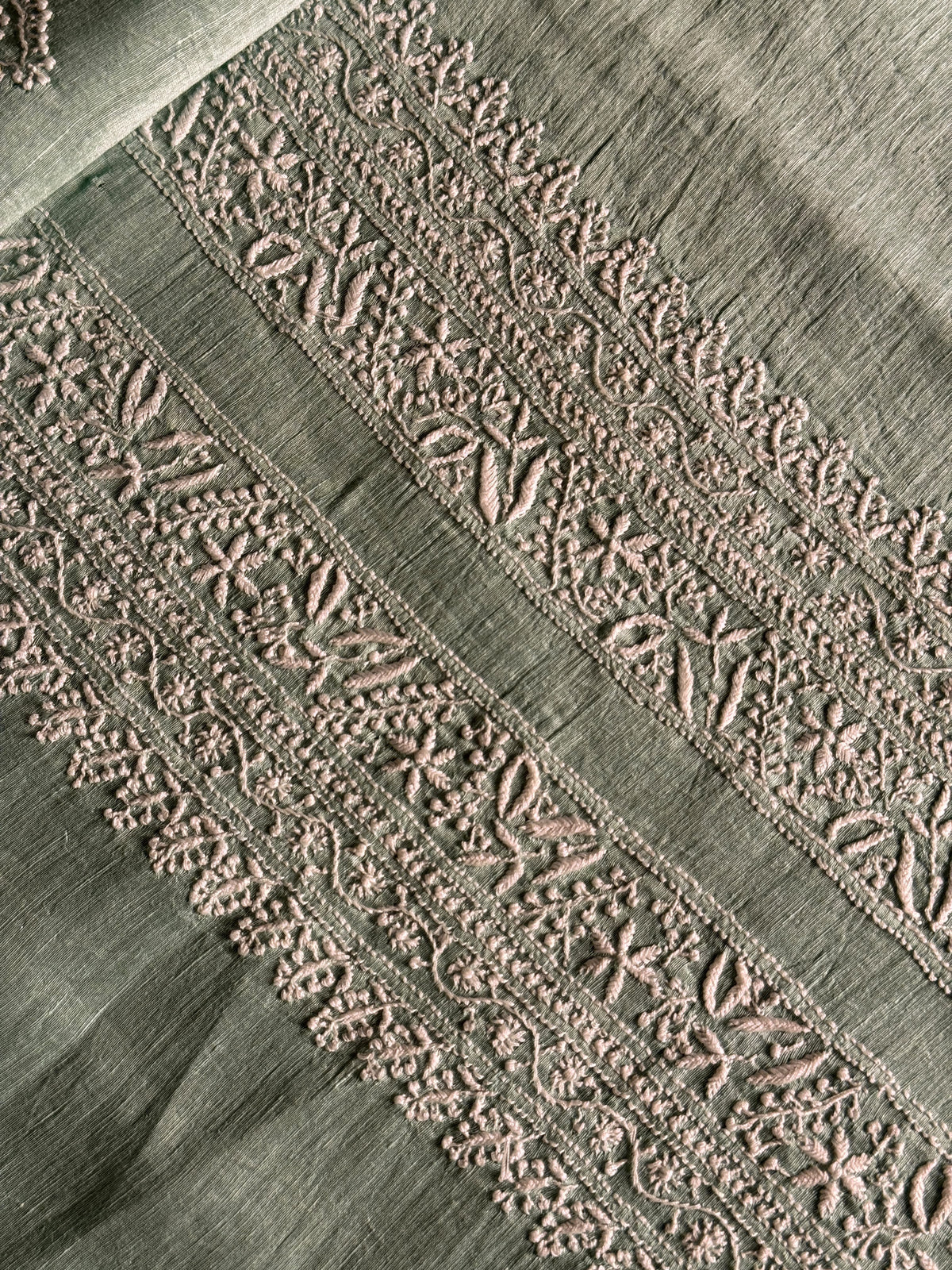 Green Shade Linen Chikankari Unstitched Men's Kurtas Fabric