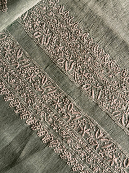 Green Shade Linen Chikankari Unstitched Men's Kurtas Fabric