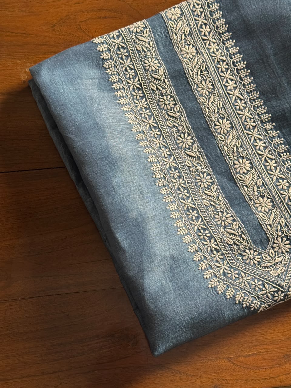 Blue Shade Linen Chikankari Unstitched Men's Kurtas Fabric