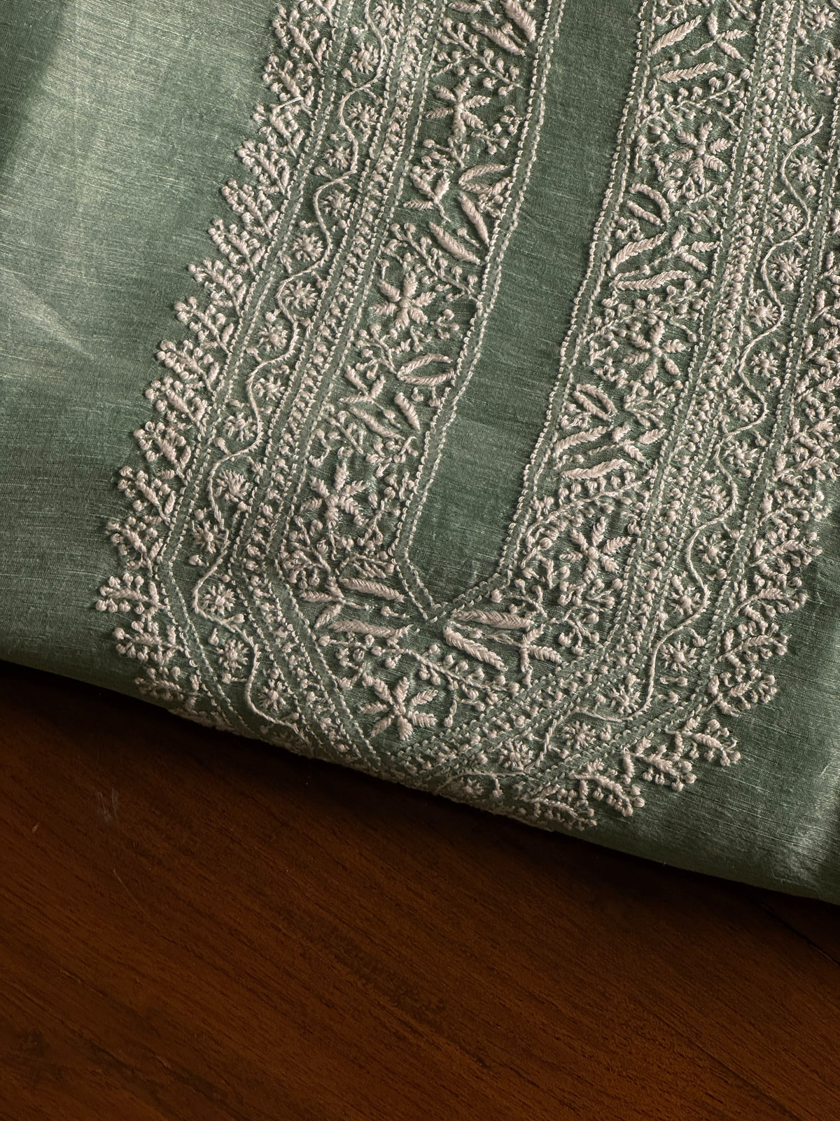 Green Shade Linen Chikankari Unstitched Men's Kurtas Fabric