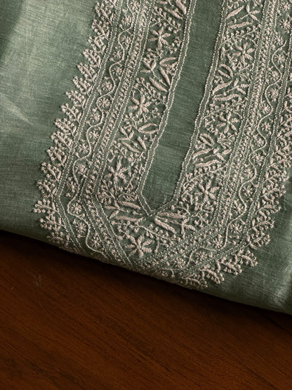 Green Shade Linen Chikankari Unstitched Men's Kurtas Fabric