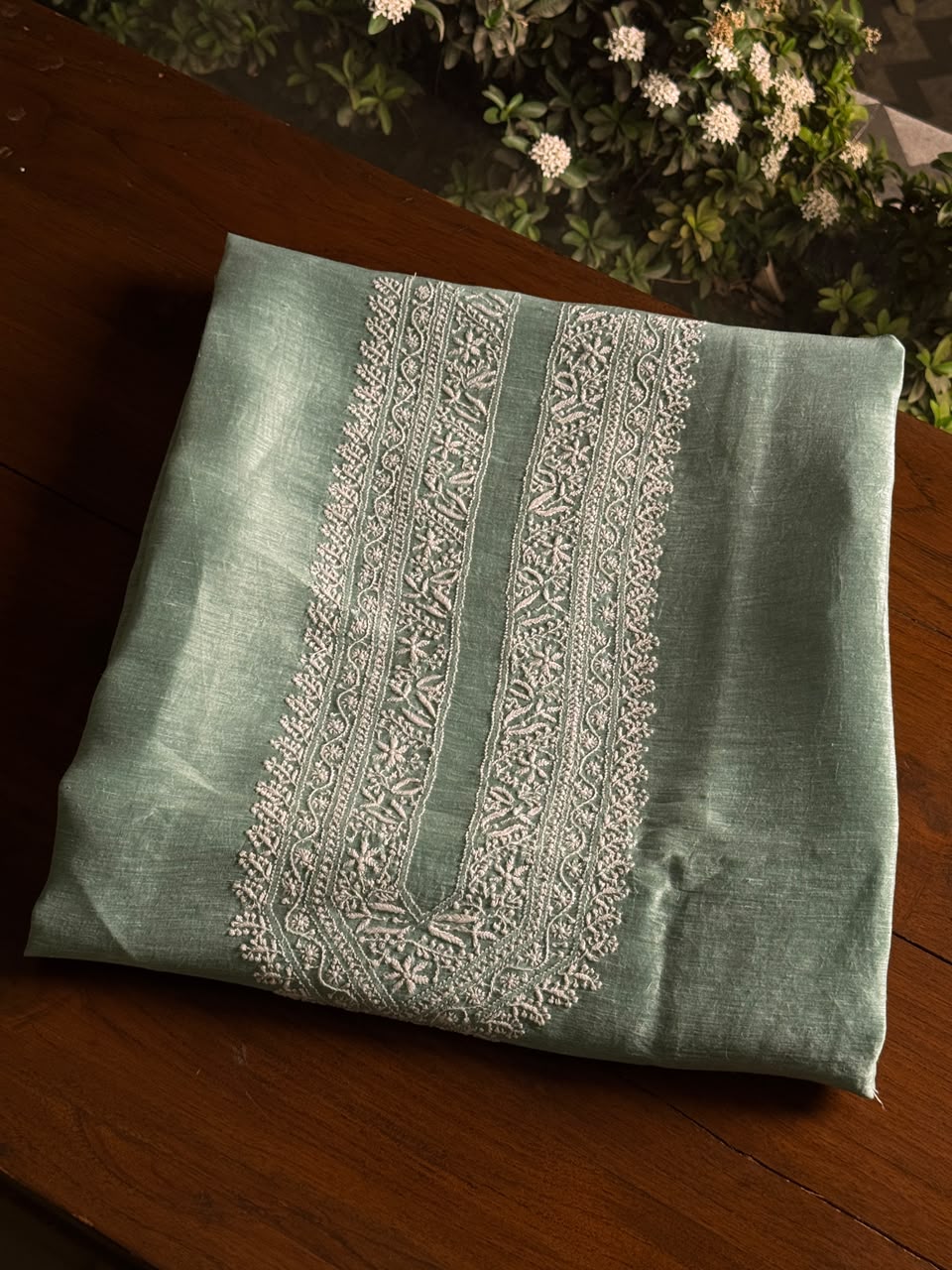 Green Shade Linen Chikankari Unstitched Men's Kurtas Fabric
