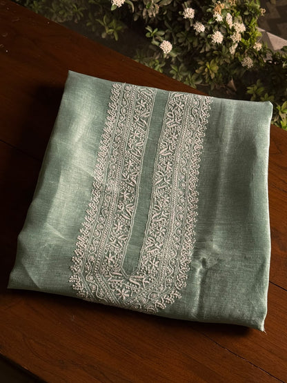 Green Shade Linen Chikankari Unstitched Men's Kurtas Fabric