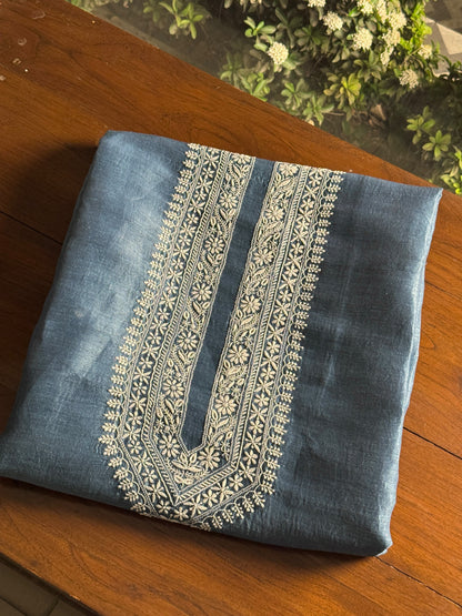 Blue Shade Linen Chikankari Unstitched Men's Kurtas Fabric
