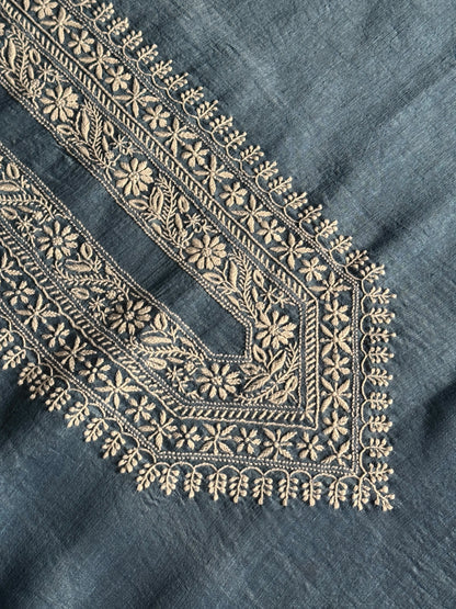 Blue Shade Linen Chikankari Unstitched Men's Kurtas Fabric