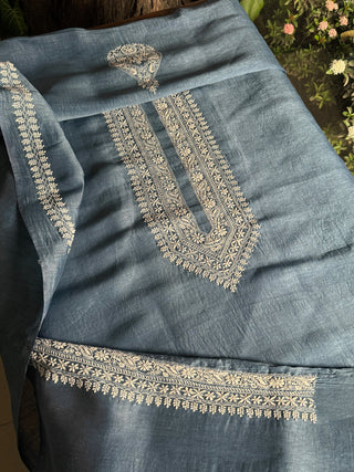 Blue Shade Linen Chikankari Unstitched Men's Kurtas Fabric