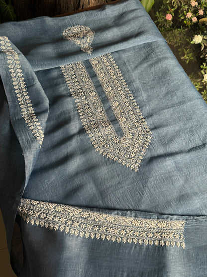 Blue Shade Linen Chikankari Unstitched Men's Kurtas Fabric