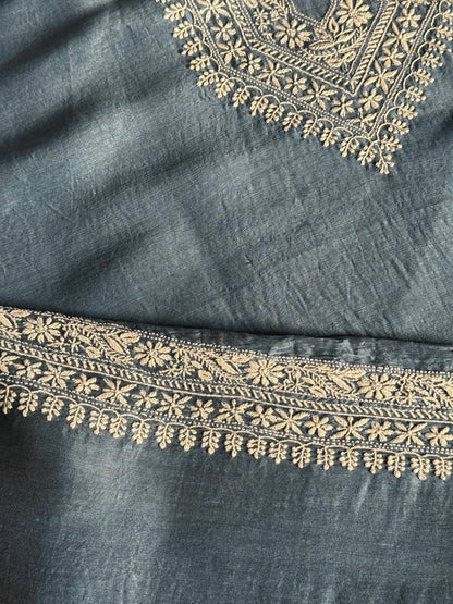 Blue Shade Linen Chikankari Unstitched Men's Kurtas Fabric