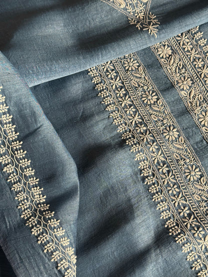 Blue Shade Linen Chikankari Unstitched Men's Kurtas Fabric