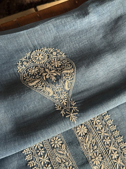 Blue Shade Linen Chikankari Unstitched Men's Kurtas Fabric