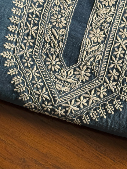 Blue Shade Linen Chikankari Unstitched Men's Kurtas Fabric