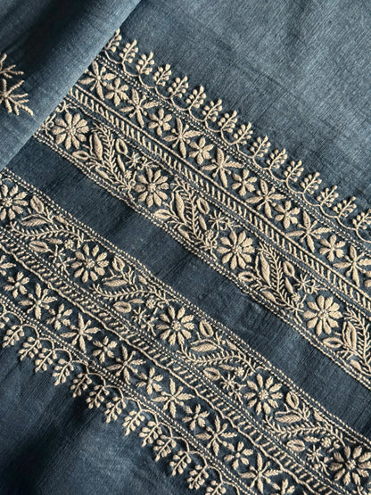 Blue Shade Linen Chikankari Unstitched Men's Kurtas Fabric