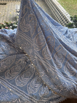 Power Blue Shade Heavy Chikankari Jwelled Chikankari Sequinned Saree