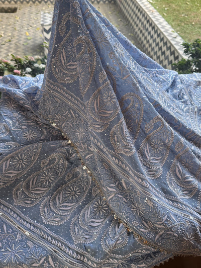 Power Blue Shade Heavy Chikankari Jwelled Chikankari Sequinned Saree