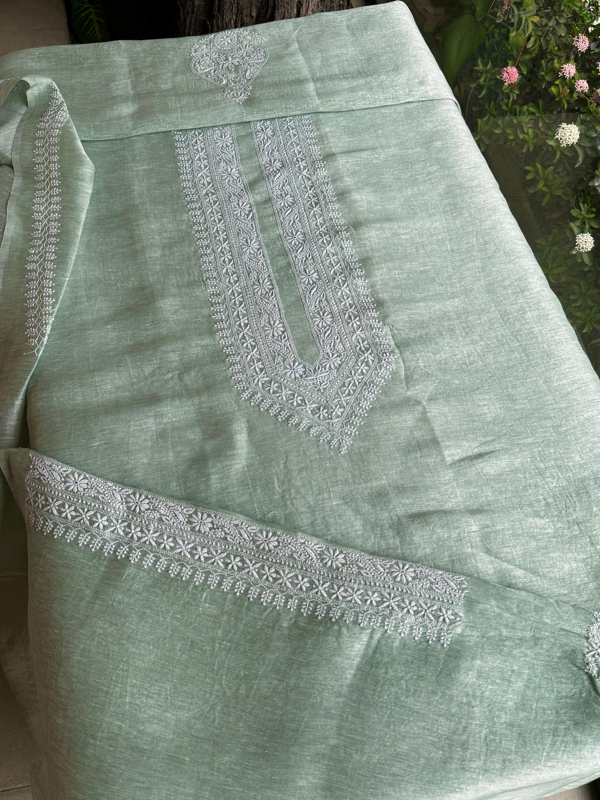 Green Shade Linen Chikankari Unstitched Men's Kurtas Fabric