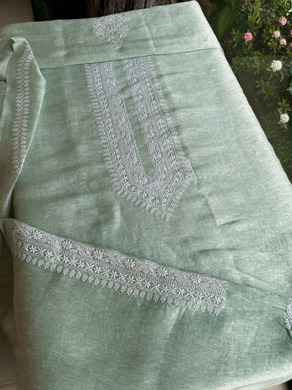 Green Shade Linen Chikankari Unstitched Men's Kurtas Fabric