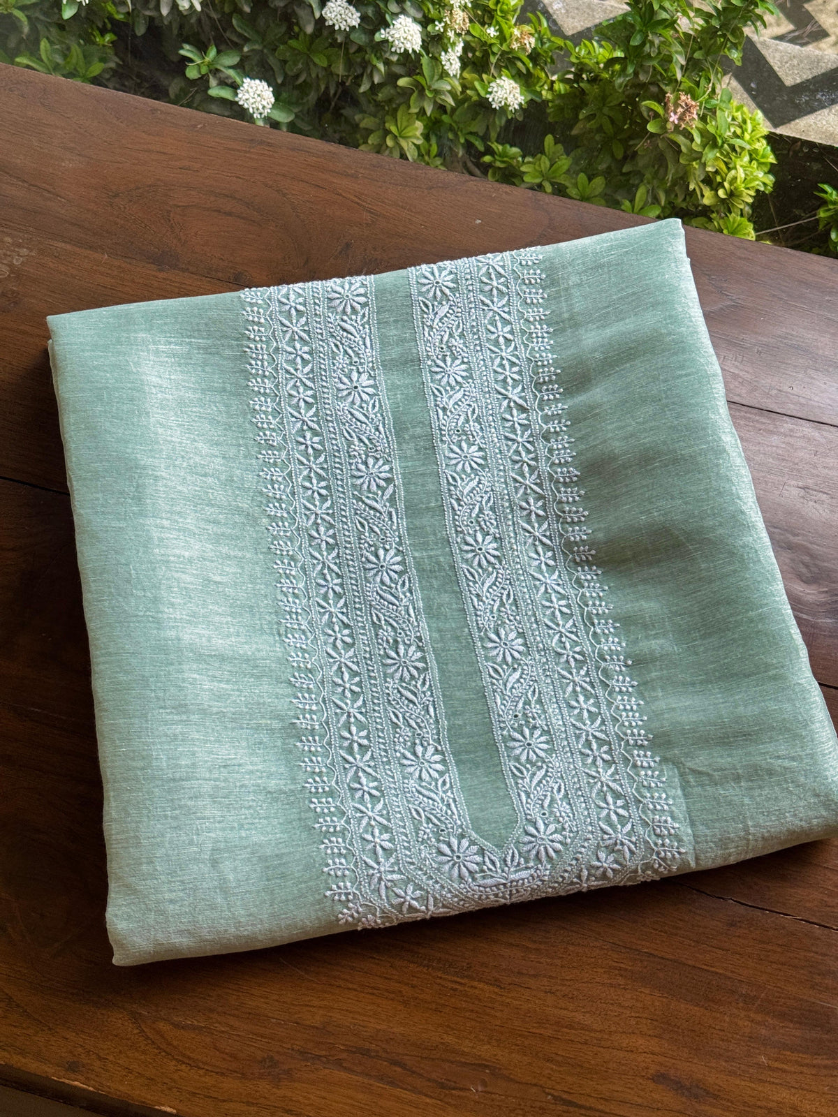 Green Shade Linen Chikankari Unstitched Men's Kurtas Fabric
