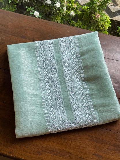 Green Shade Linen Chikankari Unstitched Men's Kurtas Fabric