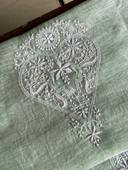 Green Shade Linen Chikankari Unstitched Men's Kurtas Fabric