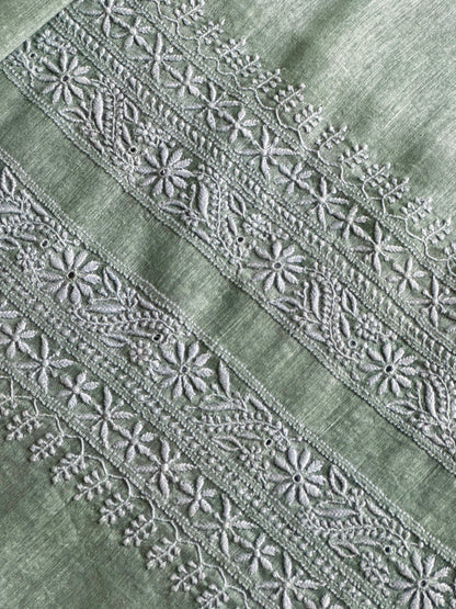 Green Shade Linen Chikankari Unstitched Men's Kurtas Fabric