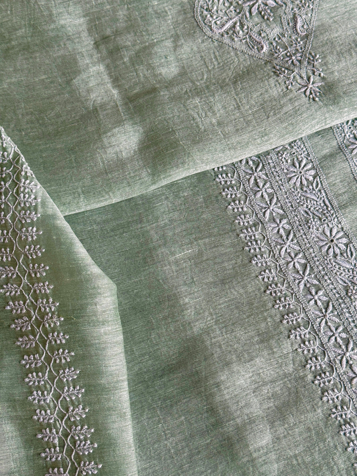 Green Shade Linen Chikankari Unstitched Men's Kurtas Fabric