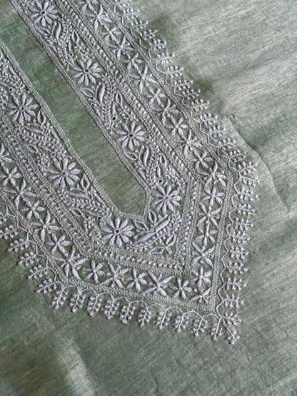 Green Shade Linen Chikankari Unstitched Men's Kurtas Fabric