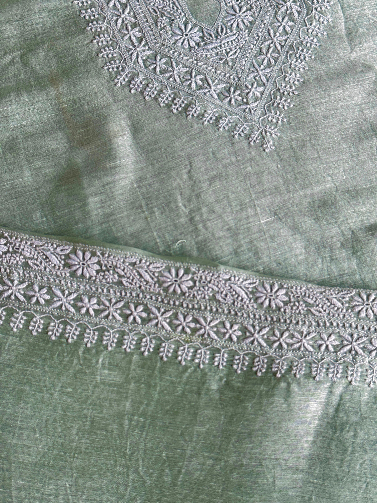Green Shade Linen Chikankari Unstitched Men's Kurtas Fabric