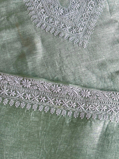 Green Shade Linen Chikankari Unstitched Men's Kurtas Fabric
