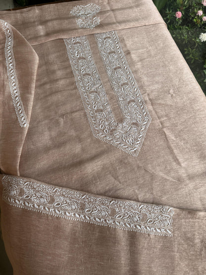 Almond Beige Shade Linen Chikankari Unstitched Men's Kurtas Fabric