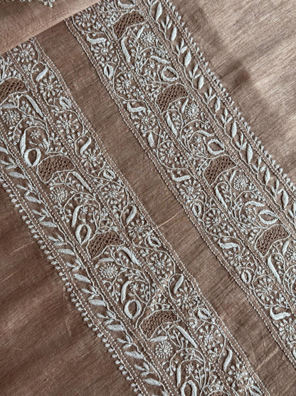 Almond Beige Shade Linen Chikankari Unstitched Men's Kurtas Fabric
