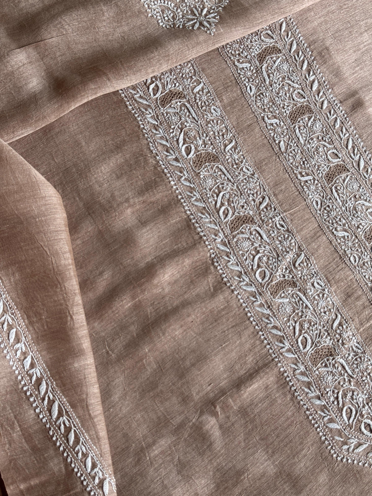 Almond Beige Shade Linen Chikankari Unstitched Men's Kurtas Fabric
