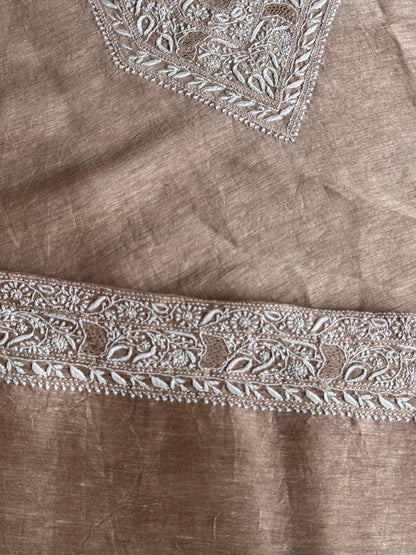 Almond Beige Shade Linen Chikankari Unstitched Men's Kurtas Fabric