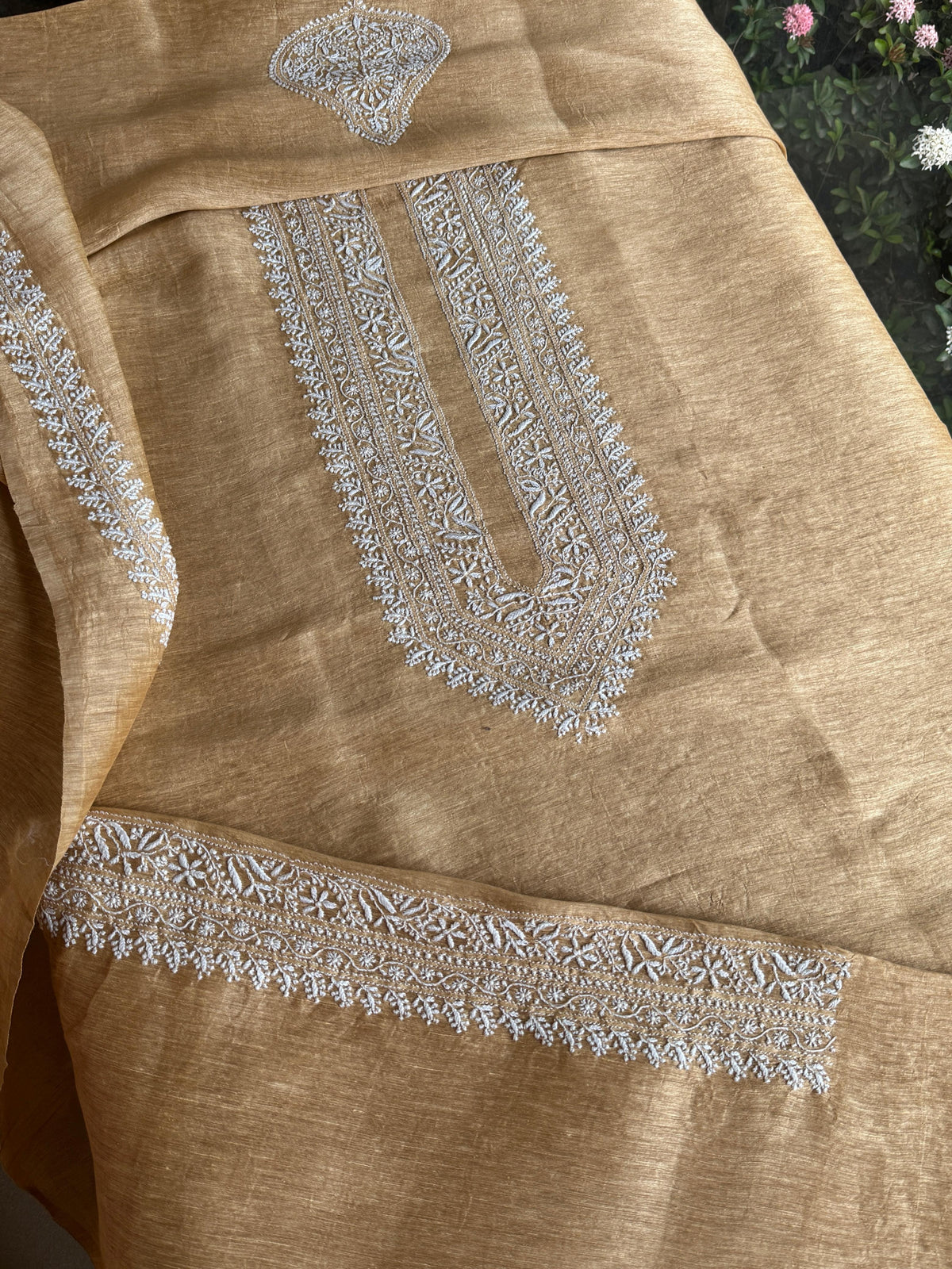 Natural Beige Shade Linen Chikankari Unstitched Men's Kurtas Fabric