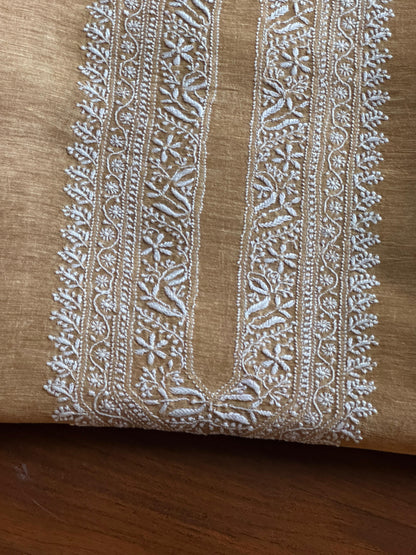 Natural Beige Shade Linen Chikankari Unstitched Men's Kurtas Fabric