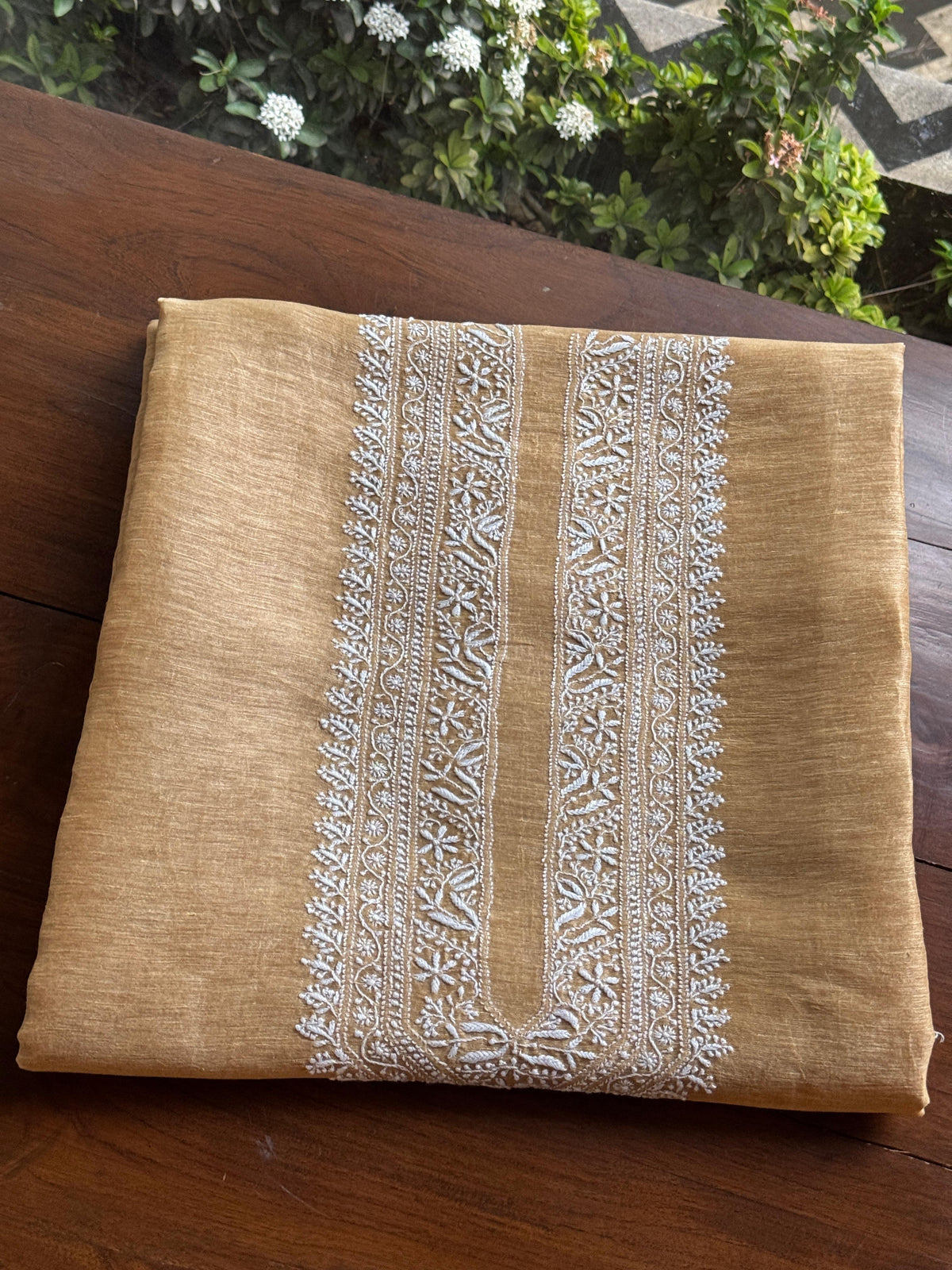 Natural Beige Shade Linen Chikankari Unstitched Men's Kurtas Fabric