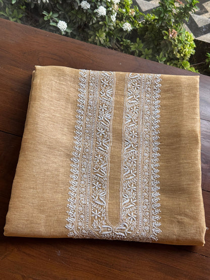 Natural Beige Shade Linen Chikankari Unstitched Men's Kurtas Fabric