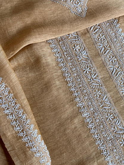 Natural Beige Shade Linen Chikankari Unstitched Men's Kurtas Fabric
