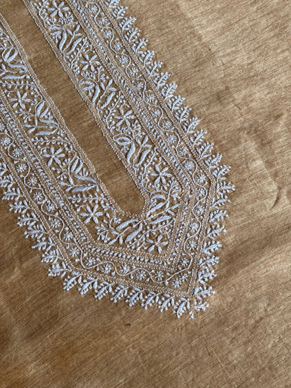 Natural Beige Shade Linen Chikankari Unstitched Men's Kurtas Fabric
