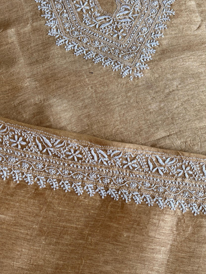 Natural Beige Shade Linen Chikankari Unstitched Men's Kurtas Fabric
