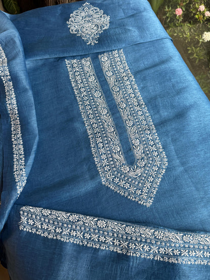 Ink Blue Shade Linen Chikankari Unstitched Men's Kurtas Fabric