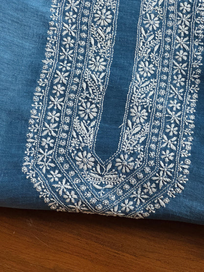 Ink Blue Shade Linen Chikankari Unstitched Men's Kurtas Fabric