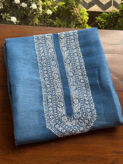 Ink Blue Shade Linen Chikankari Unstitched Men's Kurtas Fabric